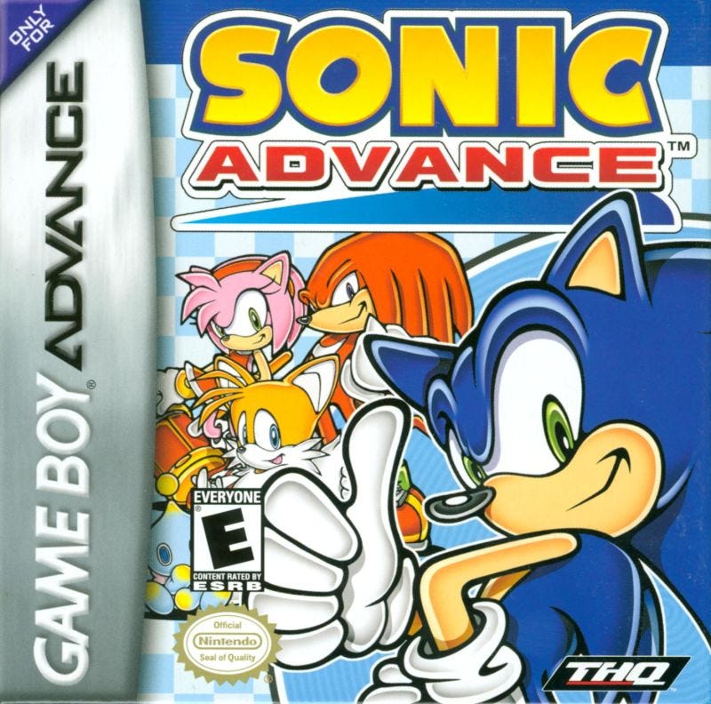 The box art for Sonic Advance, which features all four playable characters in its art, as well as a Chao and, being the North American box, the THQ logo instead of Sega's