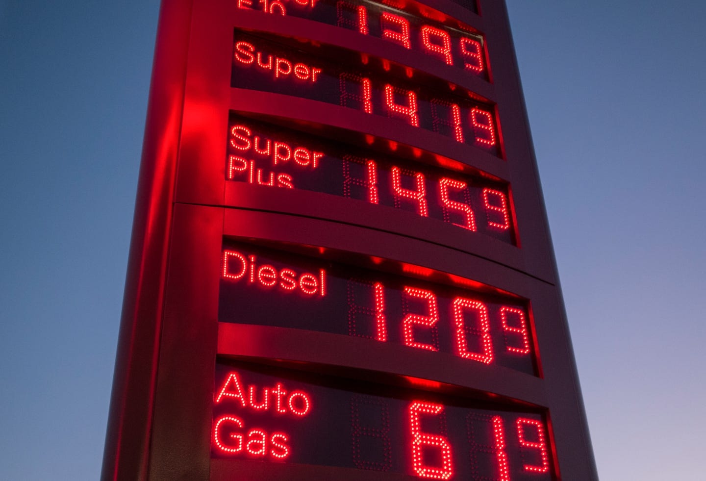 A gas station sign showing fuel prices in Germany