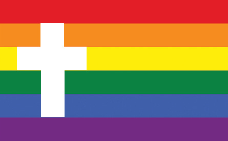 This picture is straight up a mix of the LGBTQ flag and the Christian flag. Rainbow stripes from top to bottom (red, orange, yellow, green, blue, purple) and a white cross in the center left side.