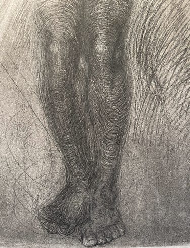 Newberry, Mourning Series - Gut Wrenching, detail feet, 1992, charcoal on Rives BFK, 30x22"