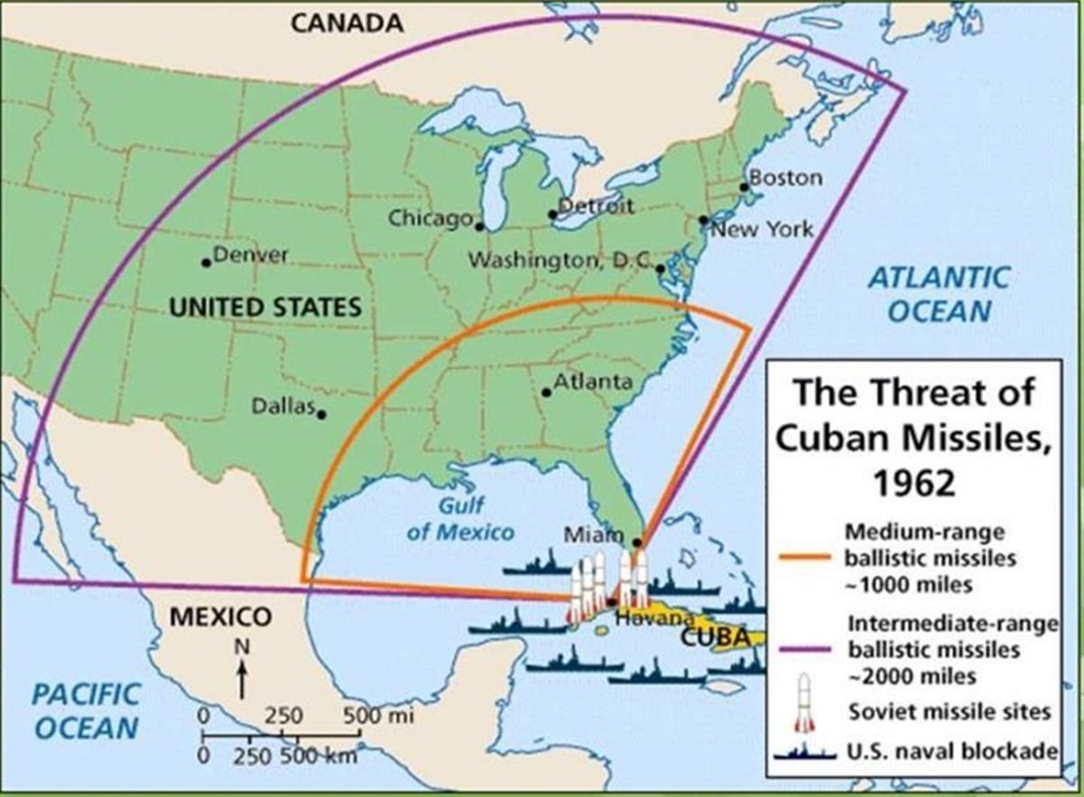 1962 Cuban Missile Crisis, map of immediate-threat areas [1220x883] : MapPorn