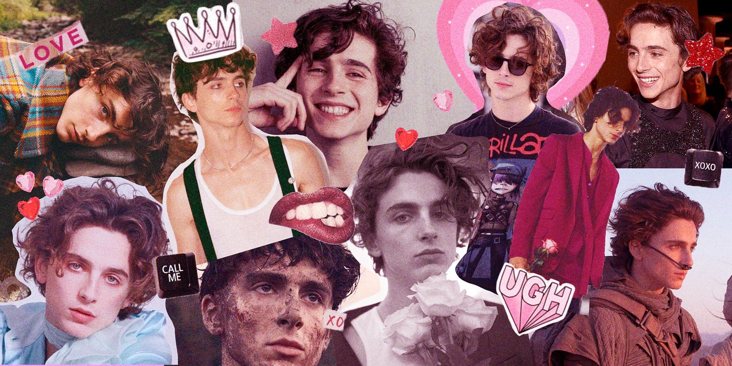 A cute collage of Timothee Chalamet with pink heart and love stickers scattered throughout.