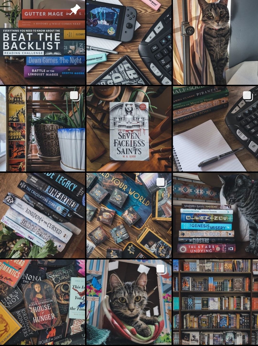 Instagram feed for the account @austinedecker featuring books, cats, and writing supplies with lots of wood tones.