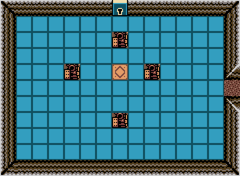 A rectangular room with a 9 by 13 grid of blue squares on the floor. Four statues block individual tiles. A yellow tile is present near the center of the grid. An open entrance is present on the right wall, and a locked exit door is present on the top wall.