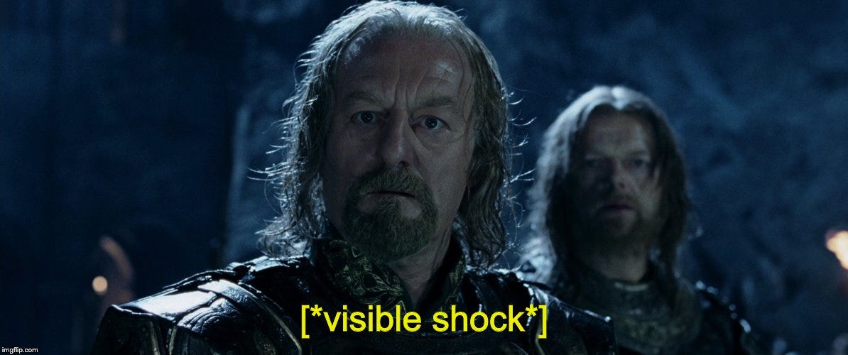 Screenshot of a confused-looking Theoden with the text "*visible shock*"