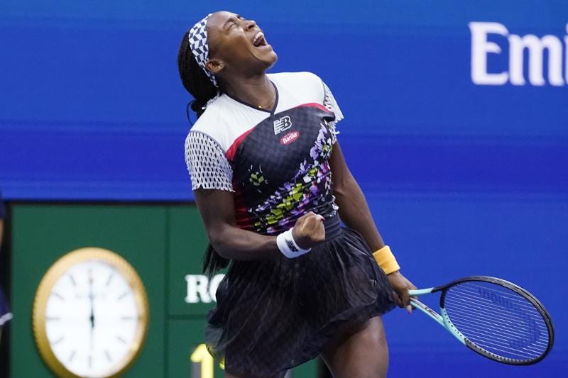 Coco Gauff, of the United States, celebrates after defeating Shuai Zhang, of China, during the fourth round of the U.S. Open tennis championships, Sunday, Sept. 4, 2022, in New York. (AP Photo/Eduardo Munoz Alvarez)