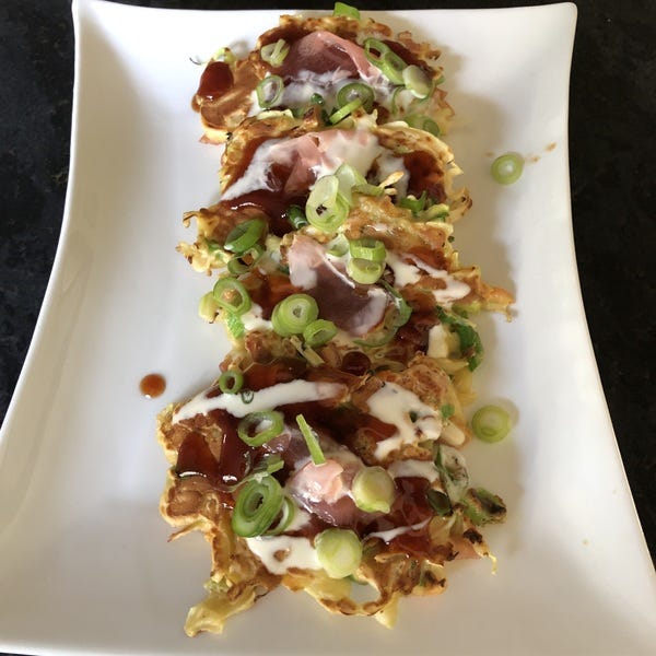 Okonomiyaki with homemade sauce, cheats kewpie mayo and some pickled ginger