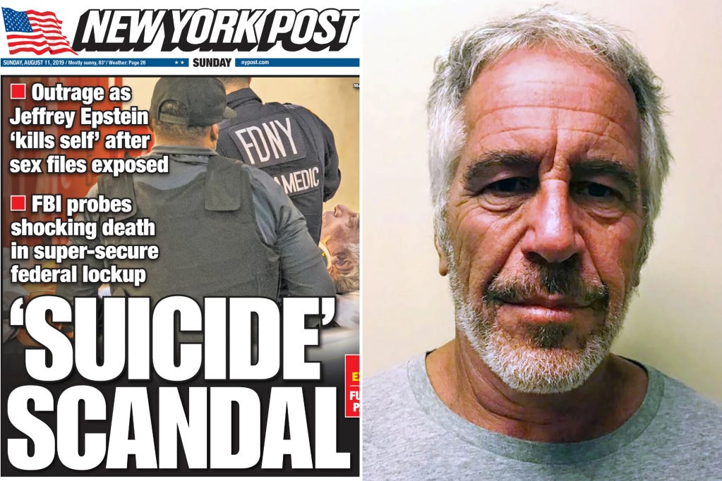 The New York Post front page story following Epstien's, right, suicide