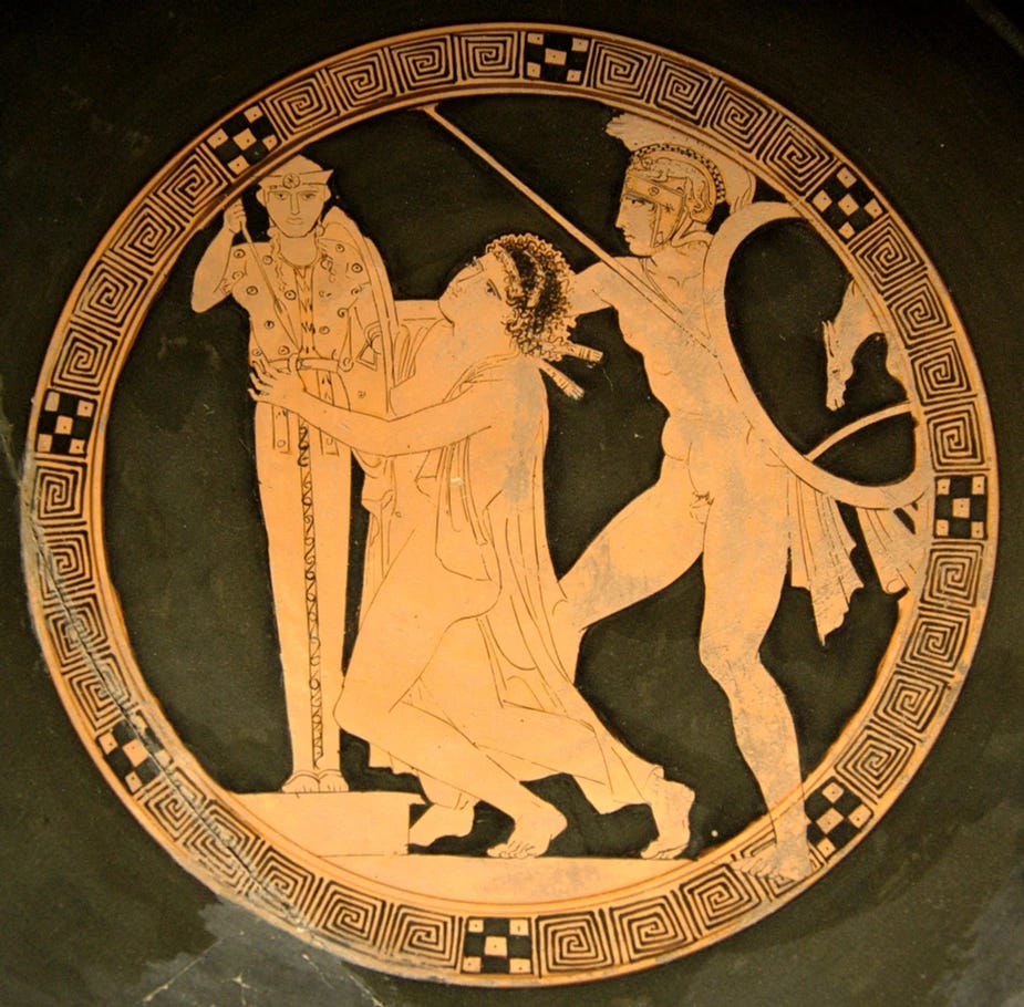 Ajax taking Cassandra, tondo of a red-figure kylix by the Kodros Painter c. 440–430 BC, Louvre