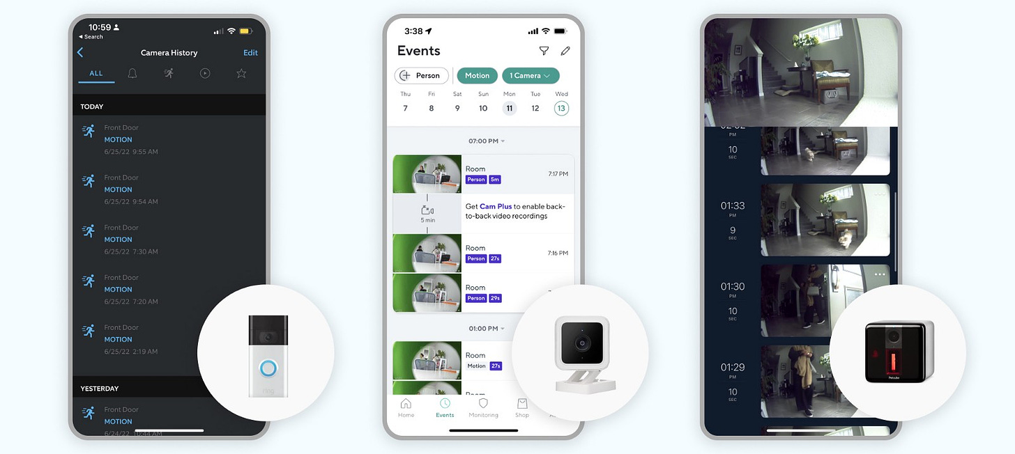 Linear interface designs of mobile apps for Ring, Wyze, and Petcube.