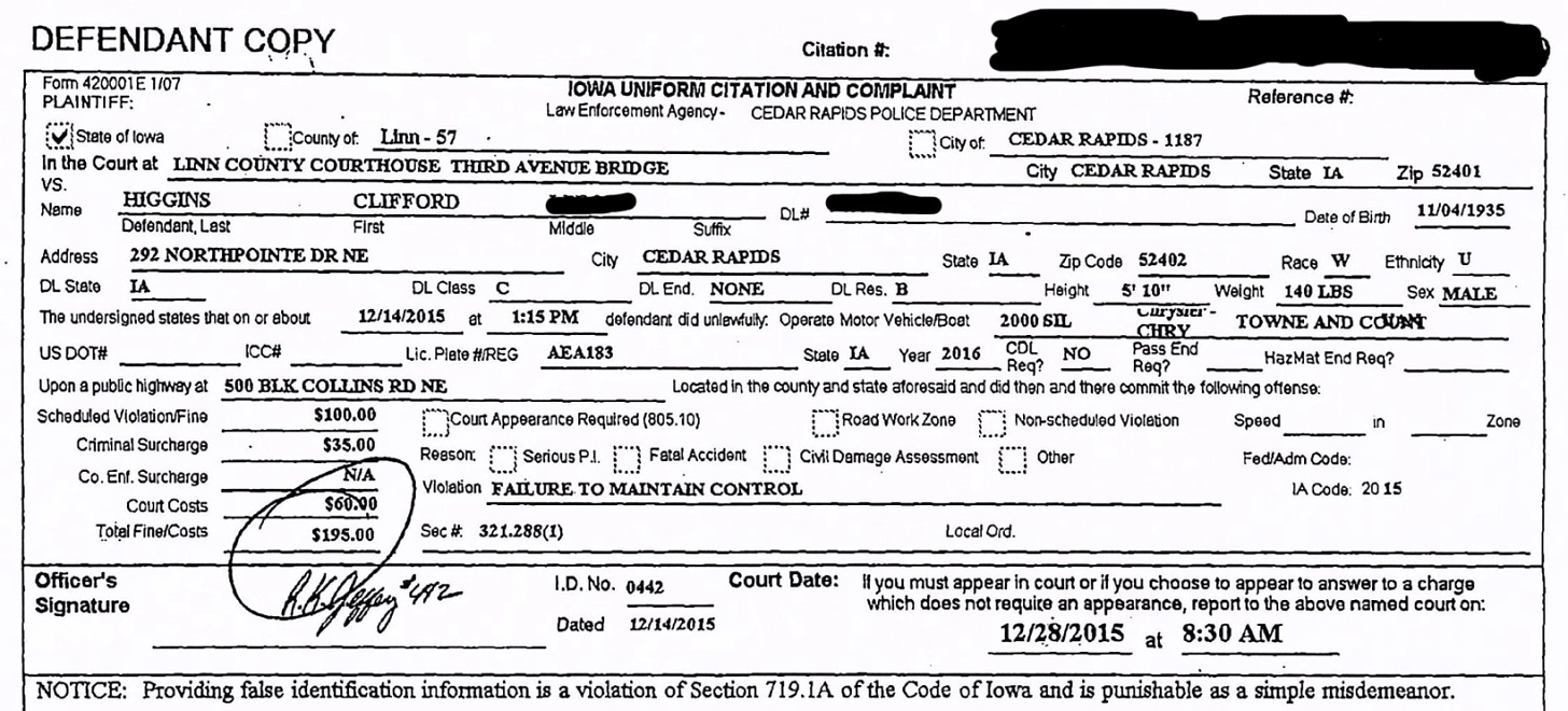 my dad’s ticket with $195 fine for Failure to Maintain Control