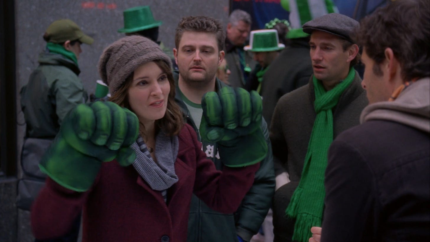 Liz Lemon with Hulk hands on St. Patrick's Day
