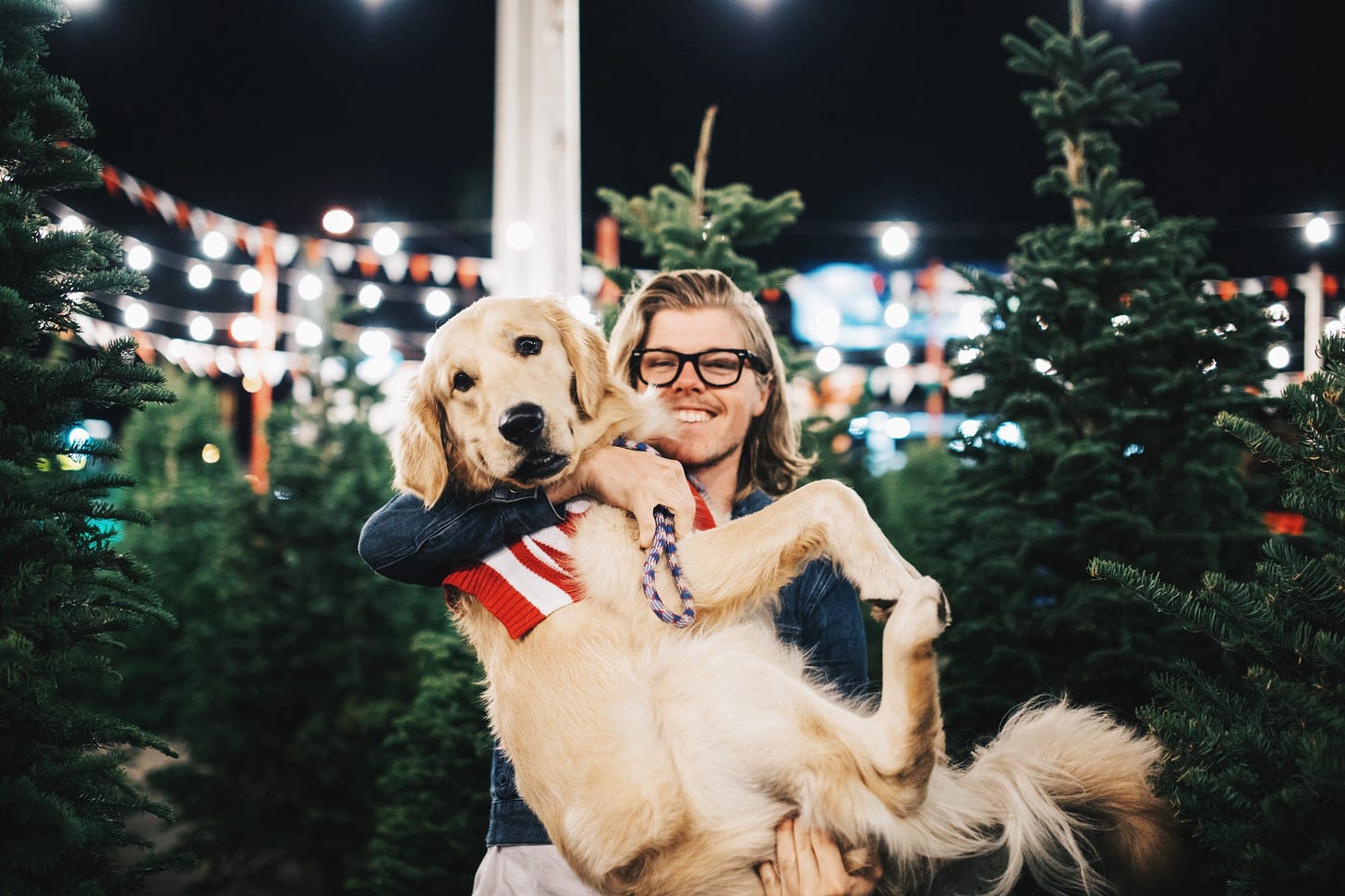 A man holds a golden retriever and smiles in a Christmas tree-filled lot.