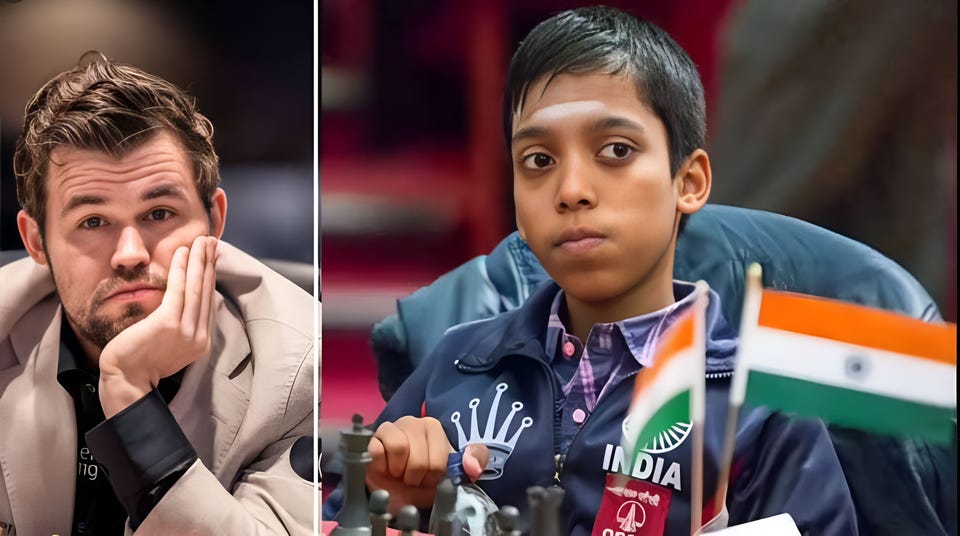 r/Damnthatsinteresting - 16-year-old Indian grandmaster Praggnanandhaa Rameshbabu defeated world chess champion, Magnus Carlsen who is a 31-year-old Norwegian chess grandmaster, for the 2nd time in just 3 months.