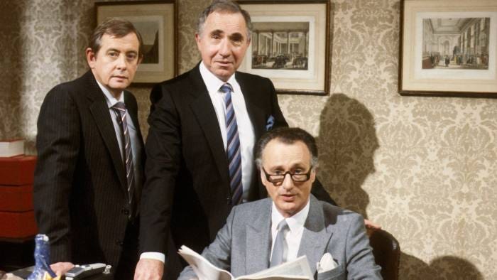 Yes Minister, BBC sitcom, by Antony Jay and Jonathan Lynn programme with Paul Eddington and Nigel Hawthorne