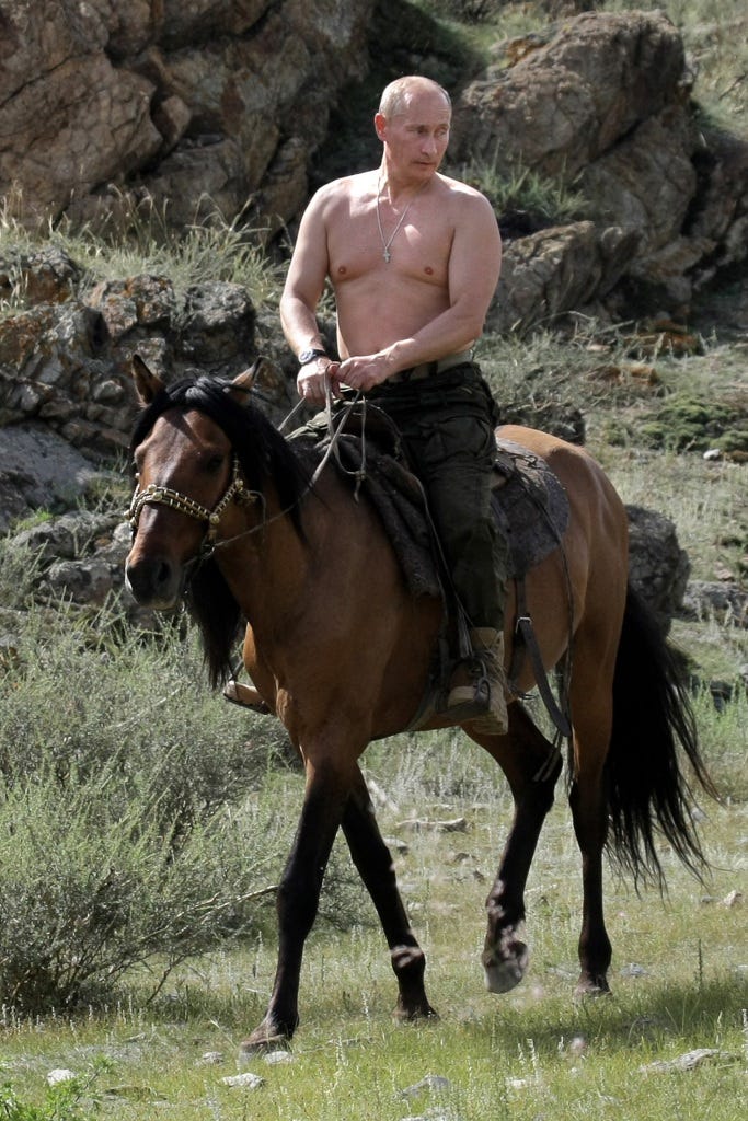 Russian President Vladimir Putin rides shirtless on a horse.