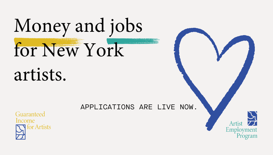 Money and jobs for New York artists. Applications are live now. A blue line drawing of a heart.