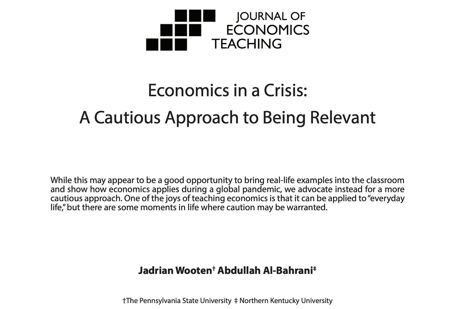 A screenshot of a paper titled "Economics in a Crisis: A Cautious Approach to Being Relevant" published in the Journal of Economics Teaching.