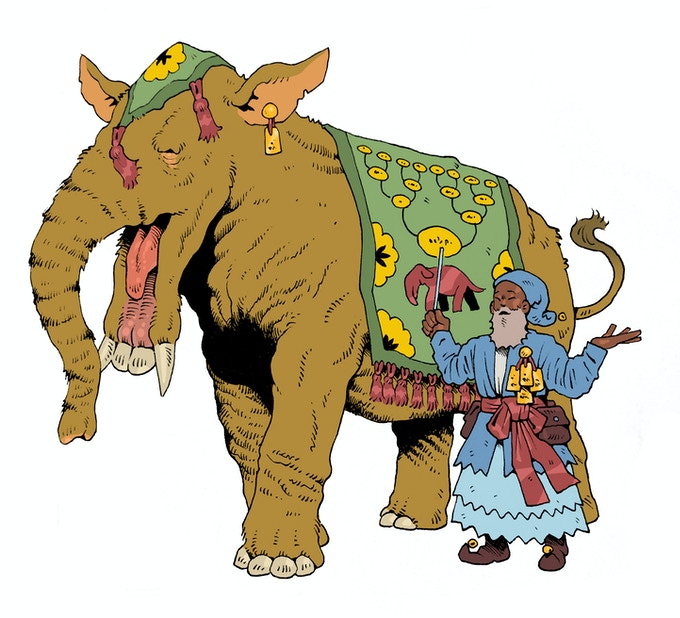 A long-toothed elephantine creature sings aloud and wears a green blanket and head covering with red tassels. A man in light blue holds a conductor's baton.