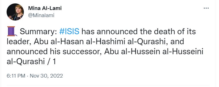 ISIS announces death of its leader, Abu al-Hasan al-Hashimi al-Qurashi, and mentions Abu al-Hussein al-Husseini al-Qurashi as his replacement