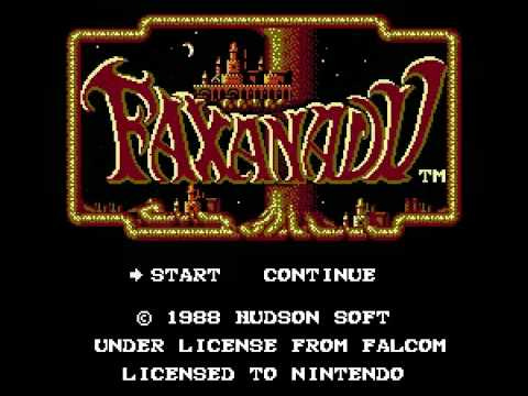 A screenshot of the title screen for Dragon Slayer II spinoff, Faxanadu, featuring the game's name, and the convoluted licensing agreement between Hudson, Falcom, and Nintendo