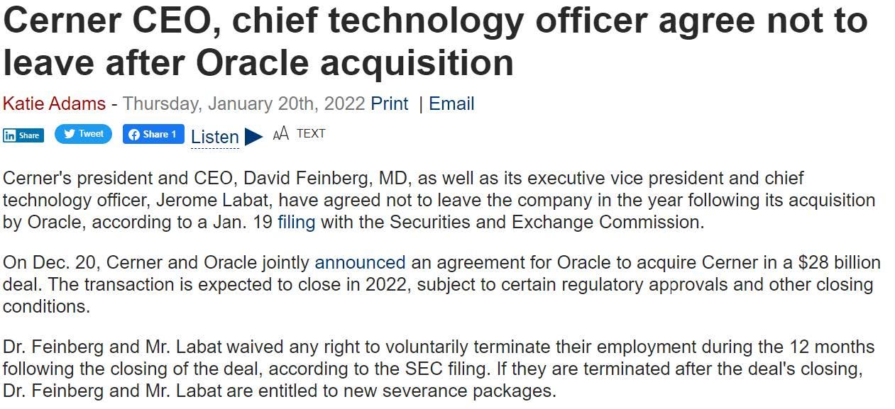 Cerner CEO, chief technology officer agree not to leave after Oracle acquisition