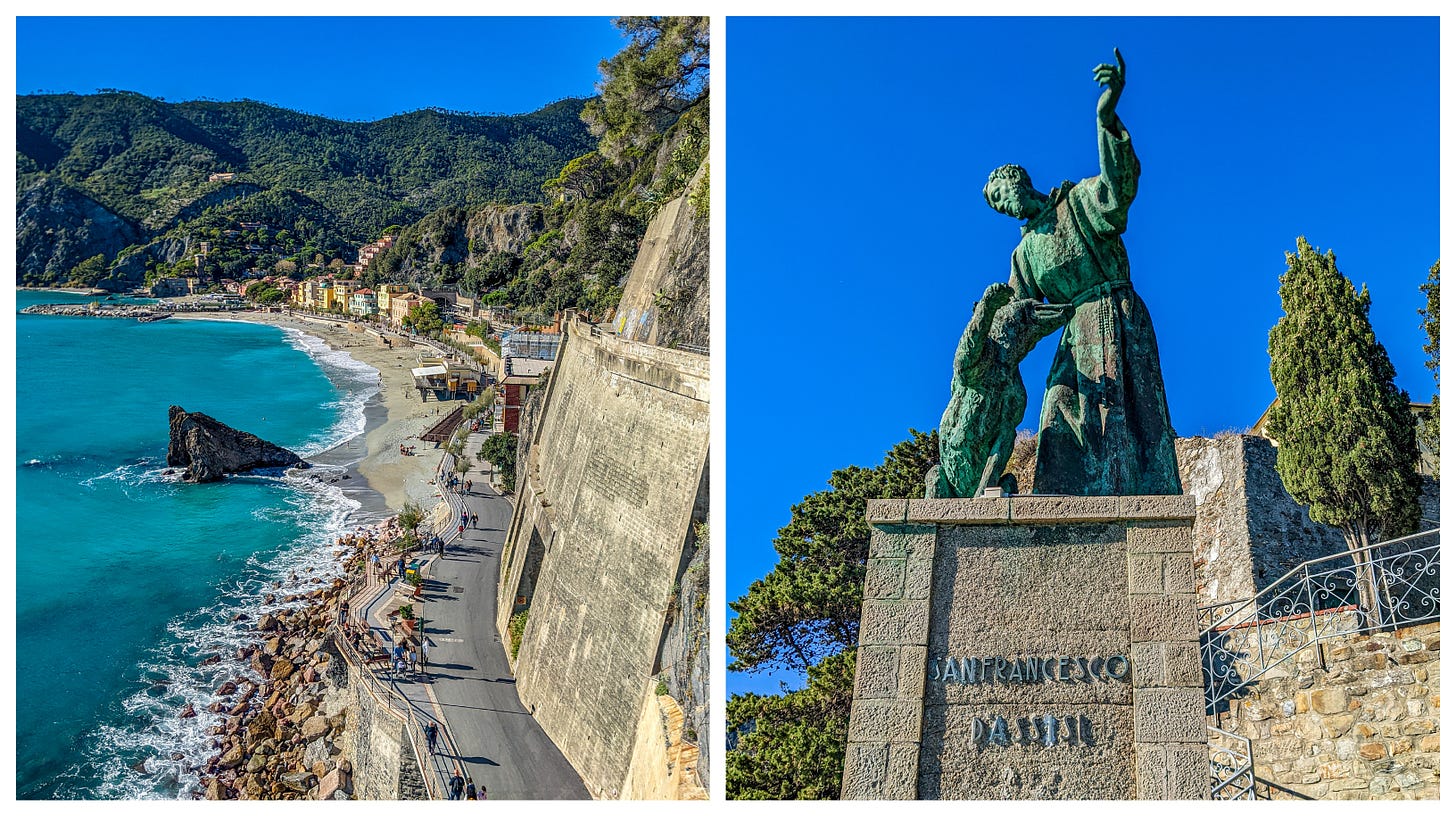 The photo on the left shows the view of the water and Monterosso from the convent, the photo on the right is of a friar with a dog. 