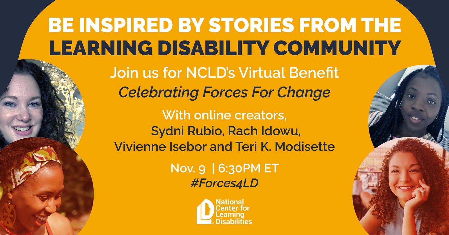 Event flyer for the NCLD benefit, with images of the 3 other panelists