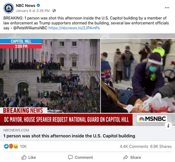 A Facebook Post by NBC News of their story "4 dead, Congress evacuated, National Guard activated after pro-Trump rioters storm Capitol"