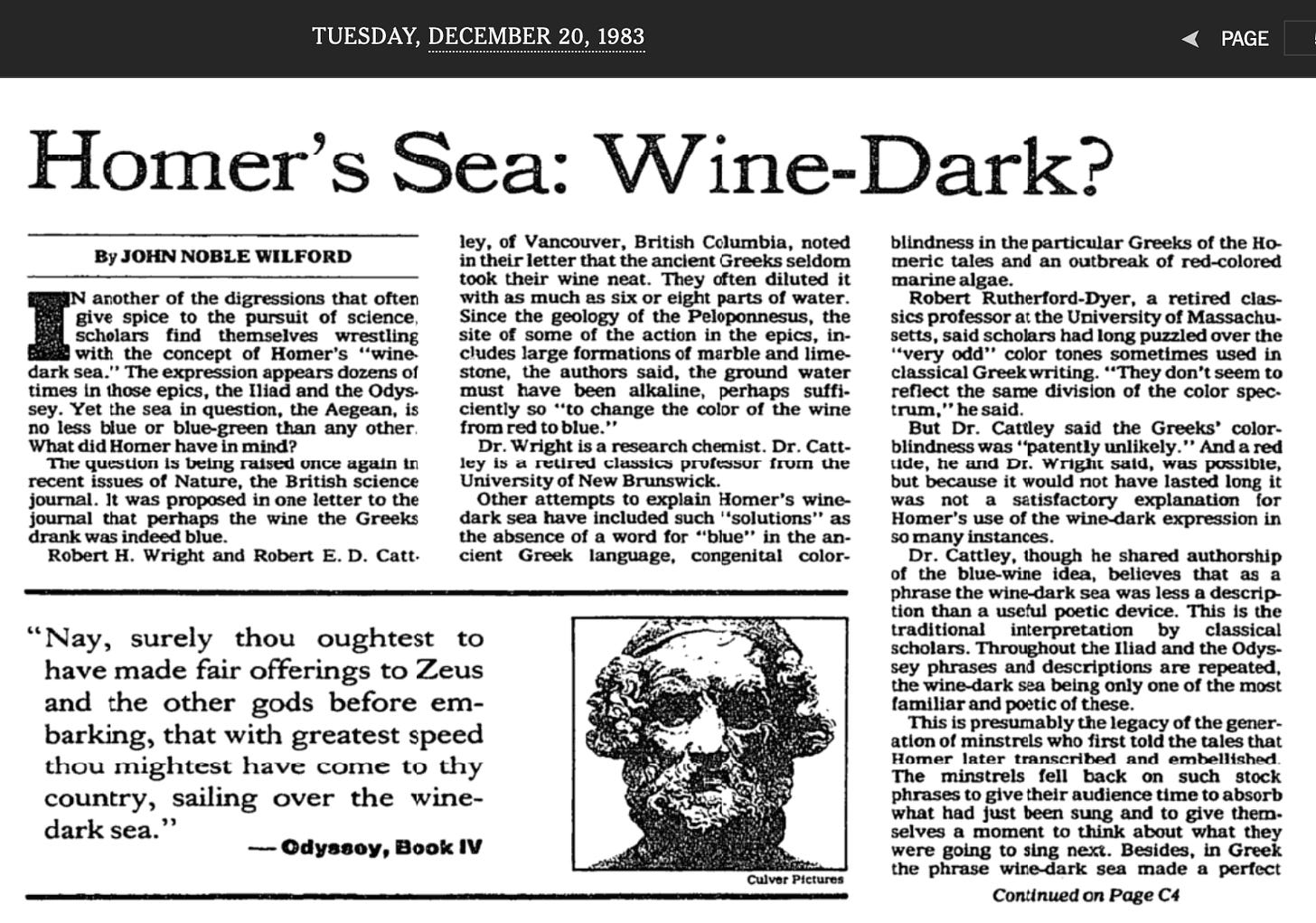 Newspaper article with headline "Homer's Sea: Wine-Dark"