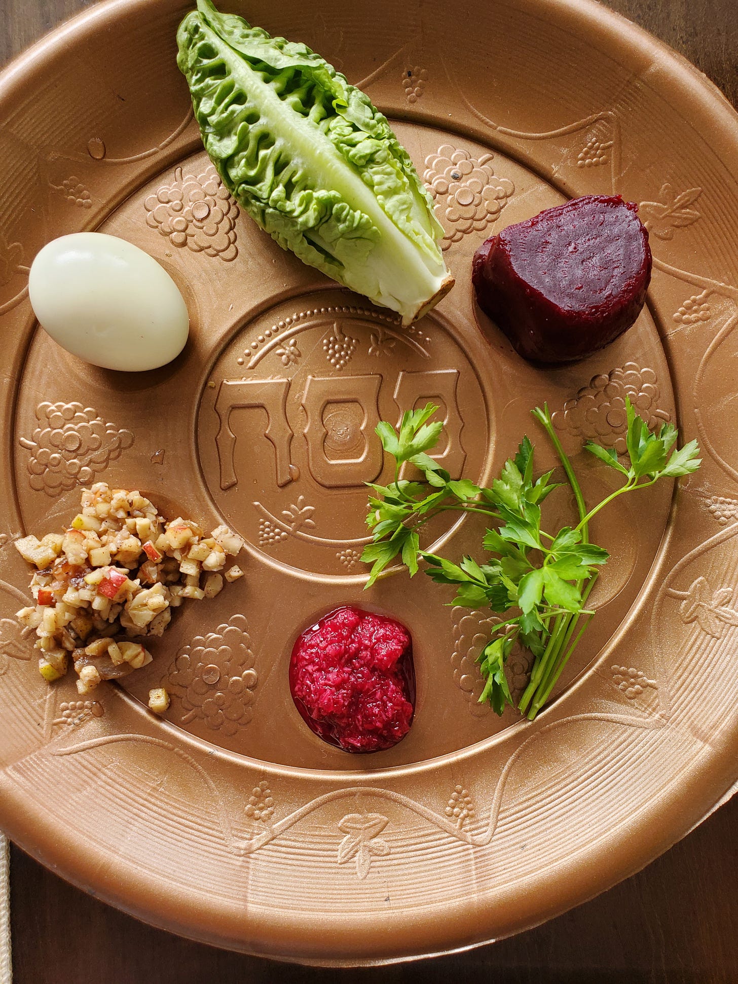 A plastic Seder plate with all the fixings. 