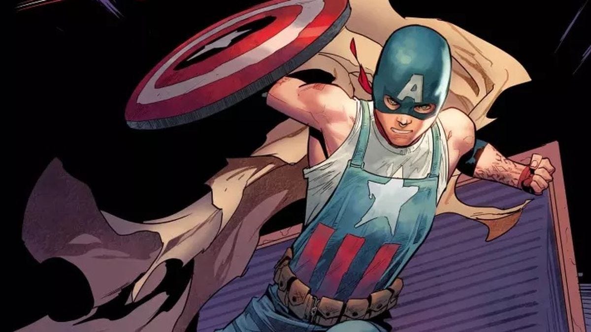 Aaron Fischer, a homeless queer kid who keeps his peers safe while wearing the colors of Captain America, leaps through the air with his trash can shield in United States of Captain America #1 (2021). 