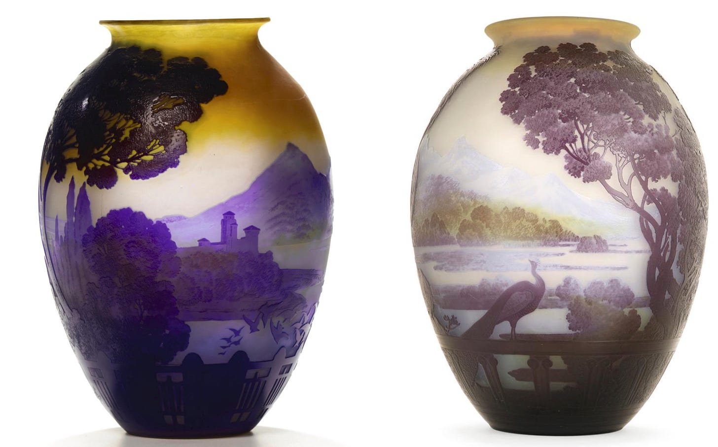 The two main types of the Lake of Como vases series (left : type B, 27,8 cm, Sotheby's, 2007-05-22 ; right : type C, 35 cm, signature Mk III, Tajan, 2014-05-22).