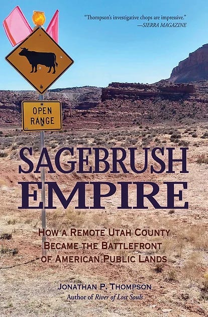 cover of Sagebrush Empire with desert scene and sign showing a cow