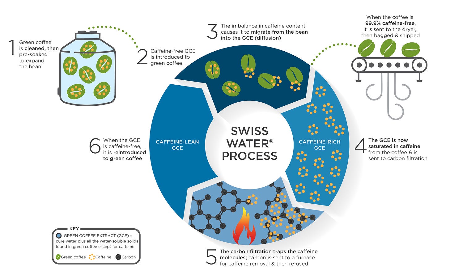 This is an infographic describing the five step process the Swiss Water company uses to take the caffeine out of a coffee bee.