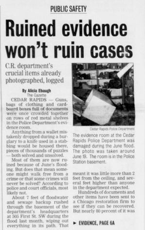 Public safety section of the newspaper, with headline: Ruined evidence won't ruin cases, and a phot of the flooding in the evidence room.