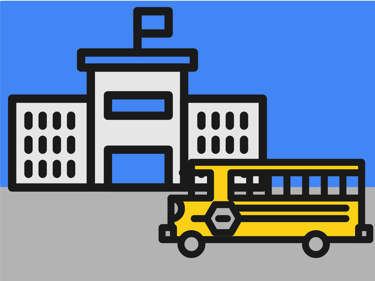 AutoDraw sketch of a yellow school bus and a building
