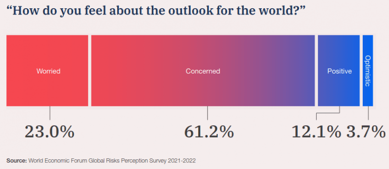 Moins de 16 % des experts consultés se sentent confiants ou optimistes quant aux perspectives mondiales. Les risques mondiaux semblent imminents ou catastrophiques déjà à 23 %. 61,2% se disent "préoccupés" par eux, un chiffre record à ce jour.