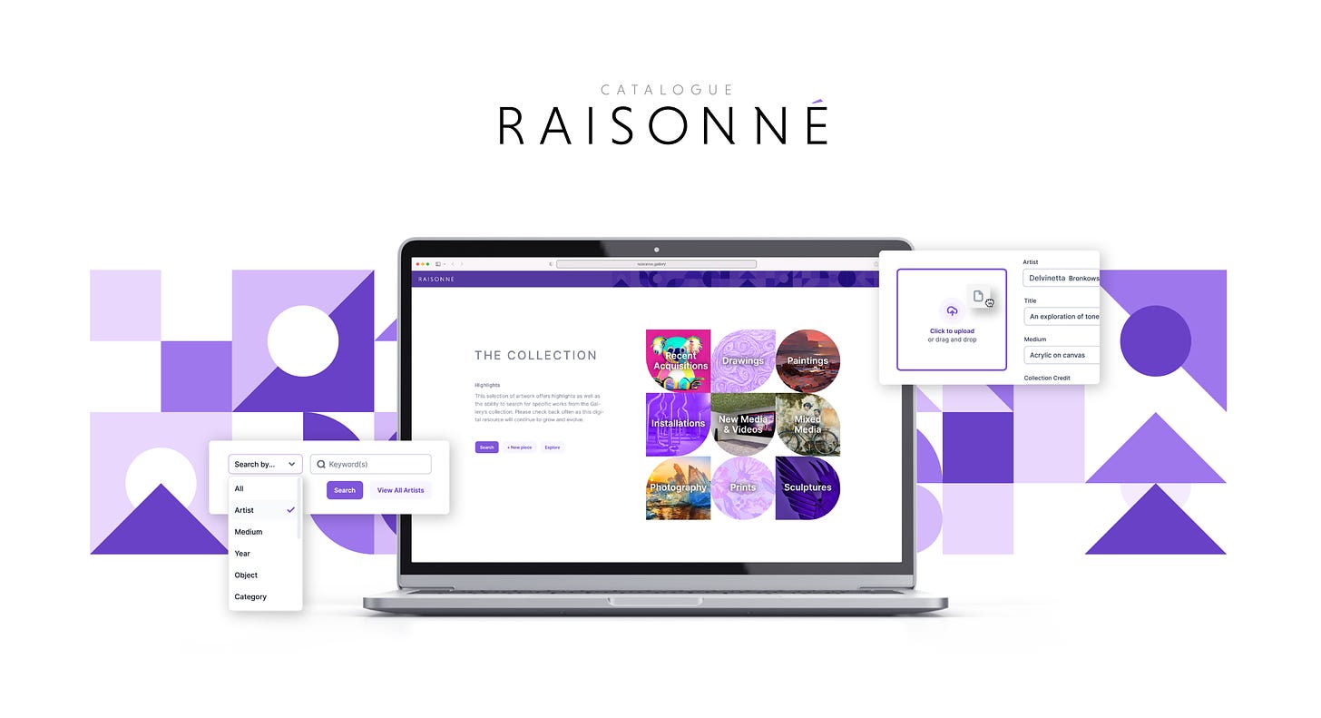 Titled is "Catalogue Raisonné". A MacBook showing a screenshot of an art search screen with various art categories and example works. Floating in front is some UI screenshots of search parameters and a file upload interface. The background is a series of simple geometric shapes in purple.