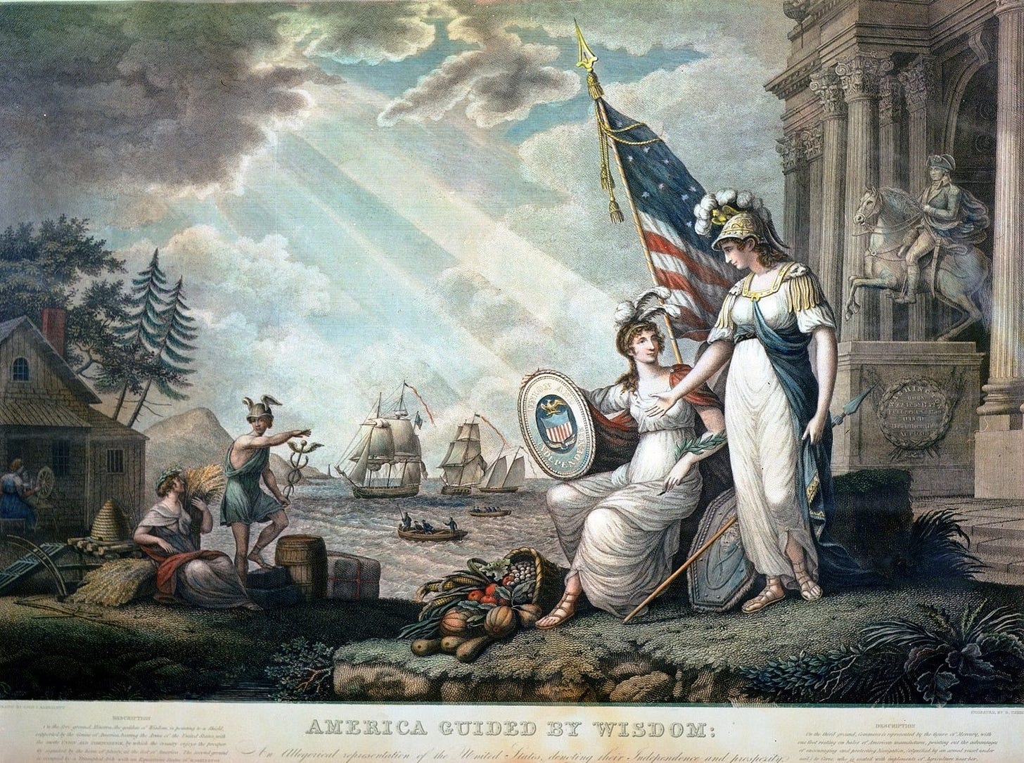 Painting by John James Baralett of the goddess of Wisdom, is pointing to a shield, supported by the Genius of America, bearing the arms of the United States, with the motto UNION AND INDEPENDENCE