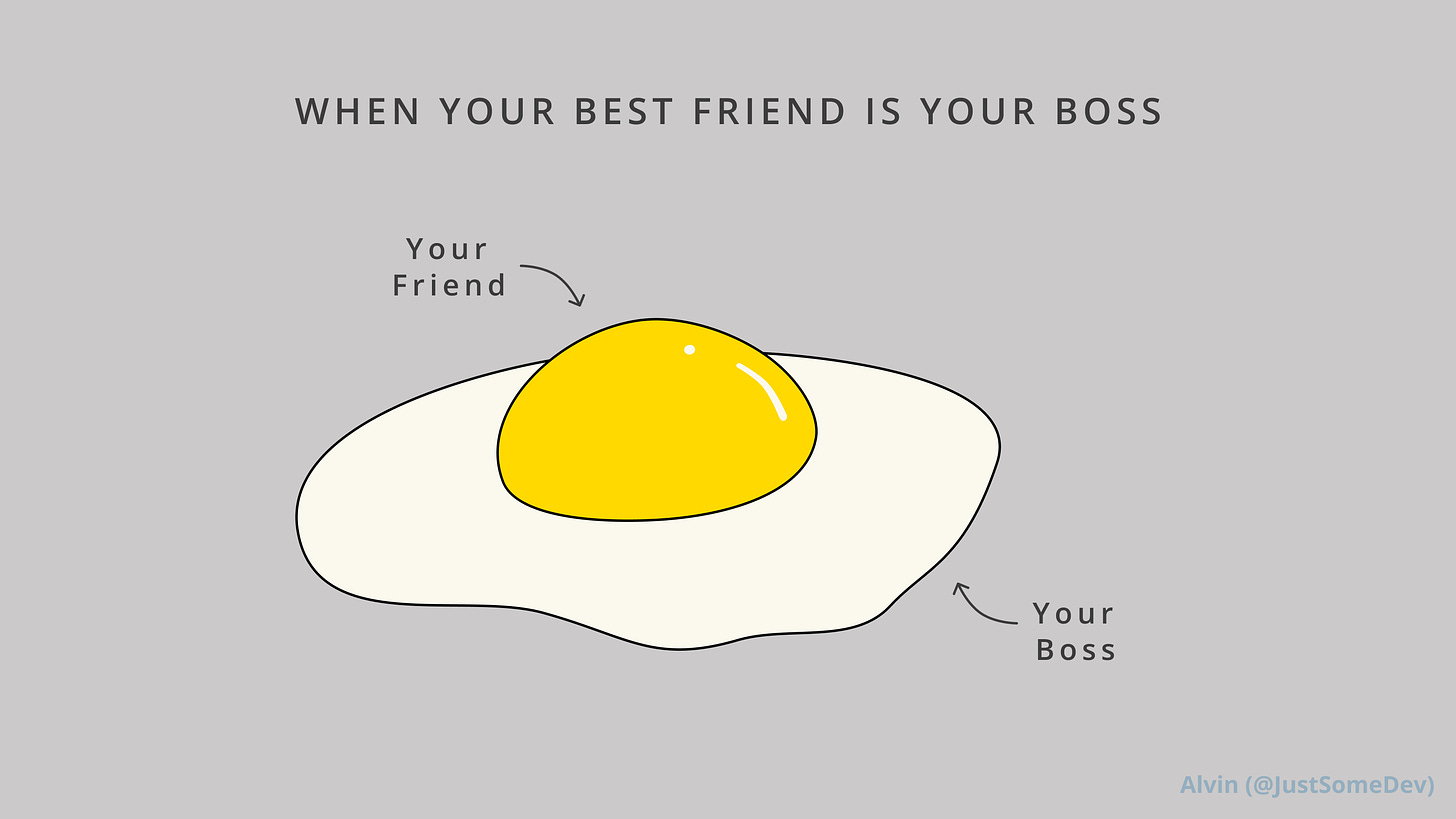 When your best friend is your boss. It’s like a sunny-side up egg where the yolk is your friend, and the egg white is your boss.