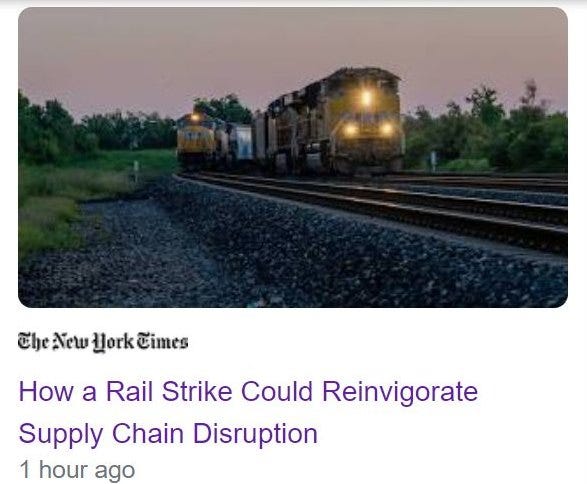May be an image of railroad and text that says 'Che New Hork Cimes How a Rail Strike Could Reinvigorate Supply Chain Disruption 1 hour ago'