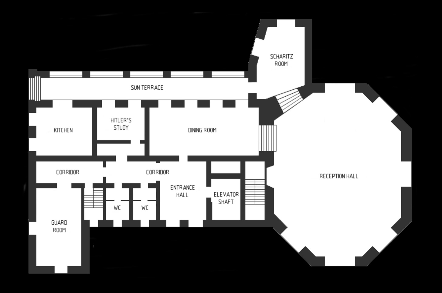 Layout showing there are only seven rooms two corridors, and two WCs.