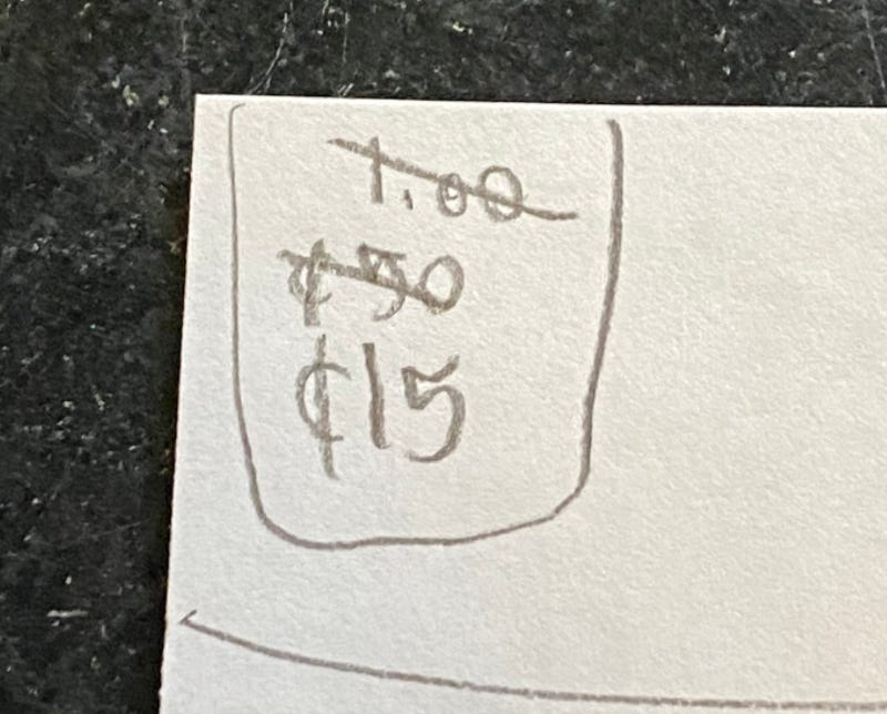Crossed out are one dollar, then 50 cents, then 15 cents