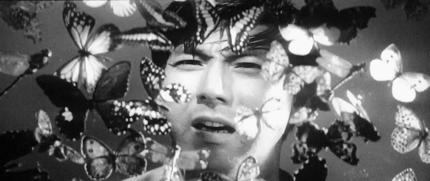Still from Seijun Suzuki’s “Branded to Kill” (1967) of actor Joe Shishido looking distressed at butterflies