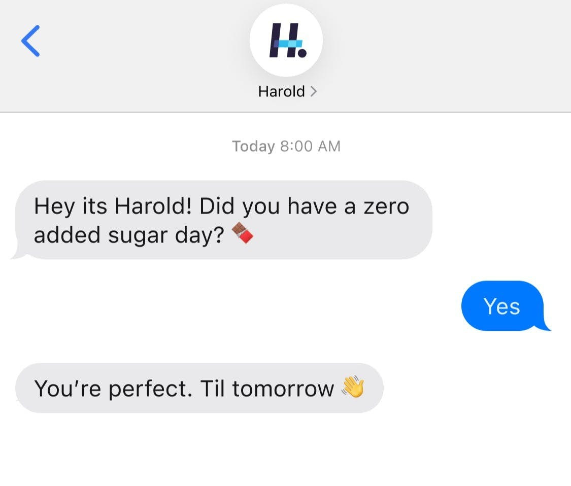 a text message conversation with harold the habit tracker