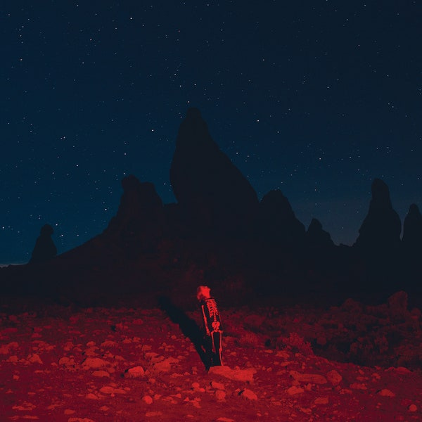 An image of the album cover of Phoebe Bridgers' 'Punisher', which has an image of her standing in a skeleton costume looking up at the night sky