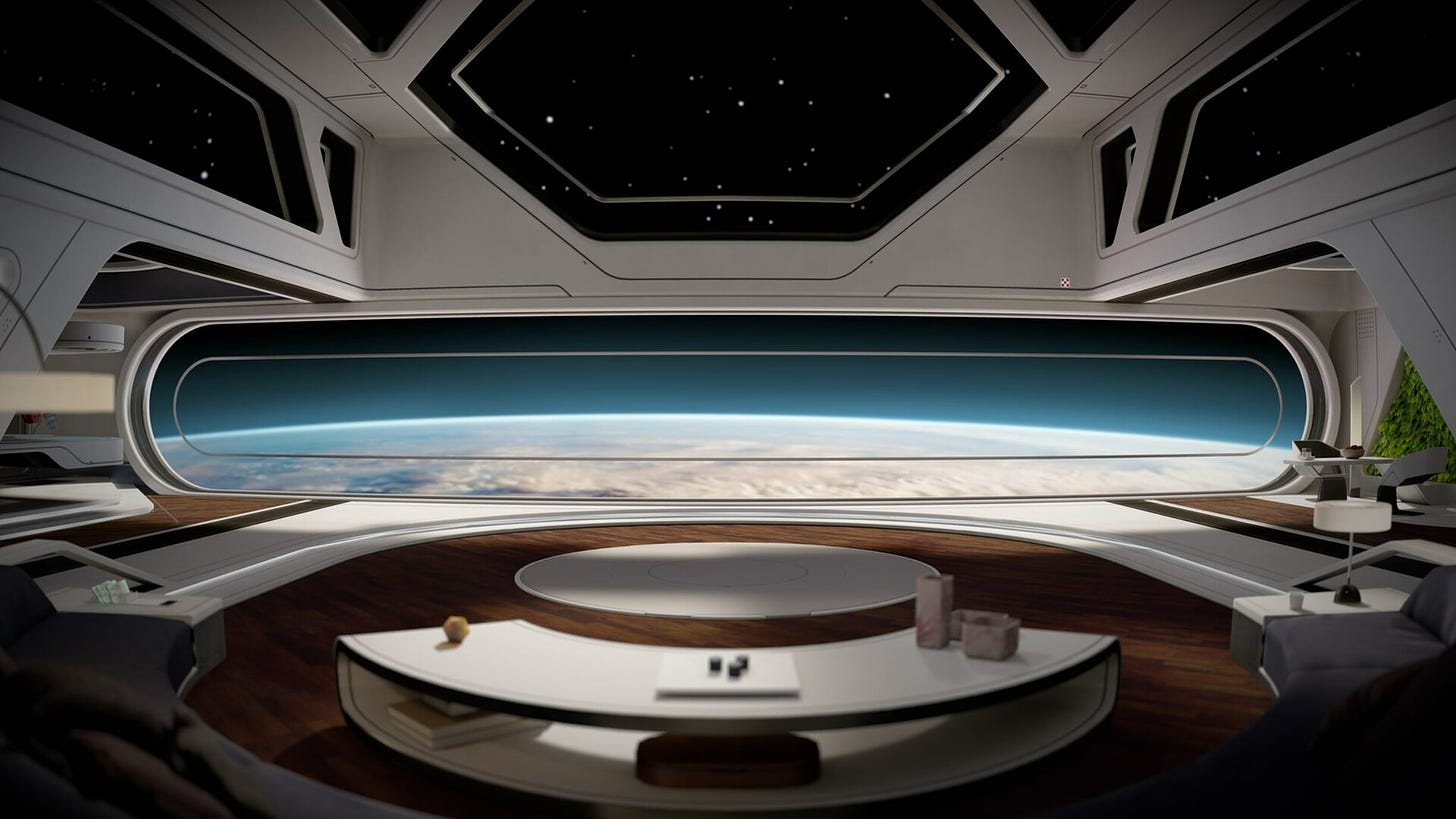 A panoramic view of a lounge on a clean minimalist space station