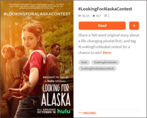 A screenshot of Wattpad's content partnership for Hulu's Alaska TV show