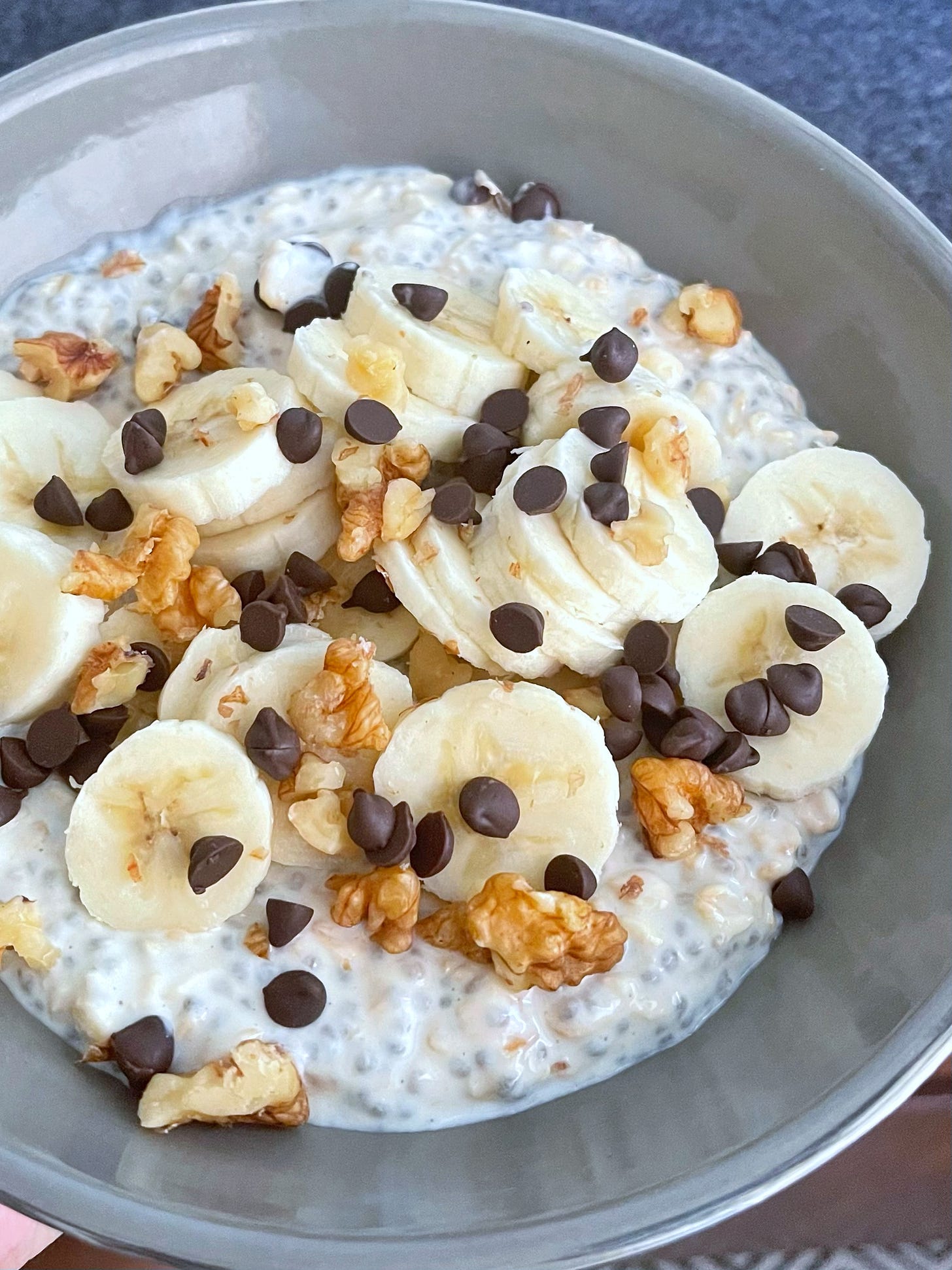 Overnight oats with bananas, walnuts and chocolate chips.
